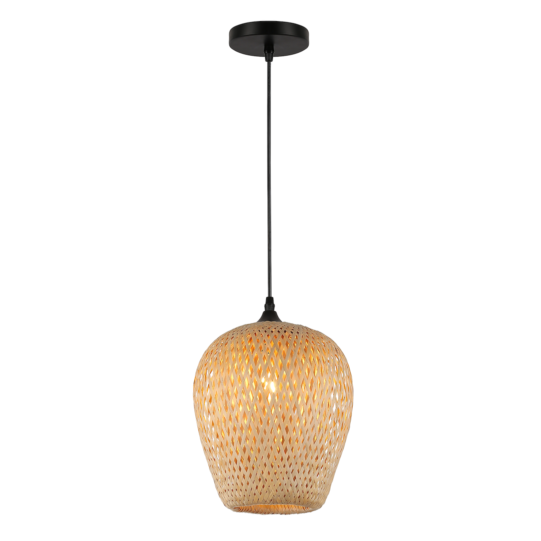 Lampa wisząca Hestia z czarnym metalowym mocowaniem i abażurem z bambusa, o organicznym kształcie. Zawieszona na cienkim przewodzie, idealna do nowoczesnych wnętrz. Wymiary i szczegóły konstrukcji nie są widoczne.