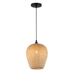 Lampa wisząca Hestia z czarnym metalowym mocowaniem i abażurem z bambusa, o organicznym kształcie. Zawieszona na cienkim przewodzie, idealna do nowoczesnych wnętrz. Wymiary i szczegóły konstrukcji nie są widoczne.