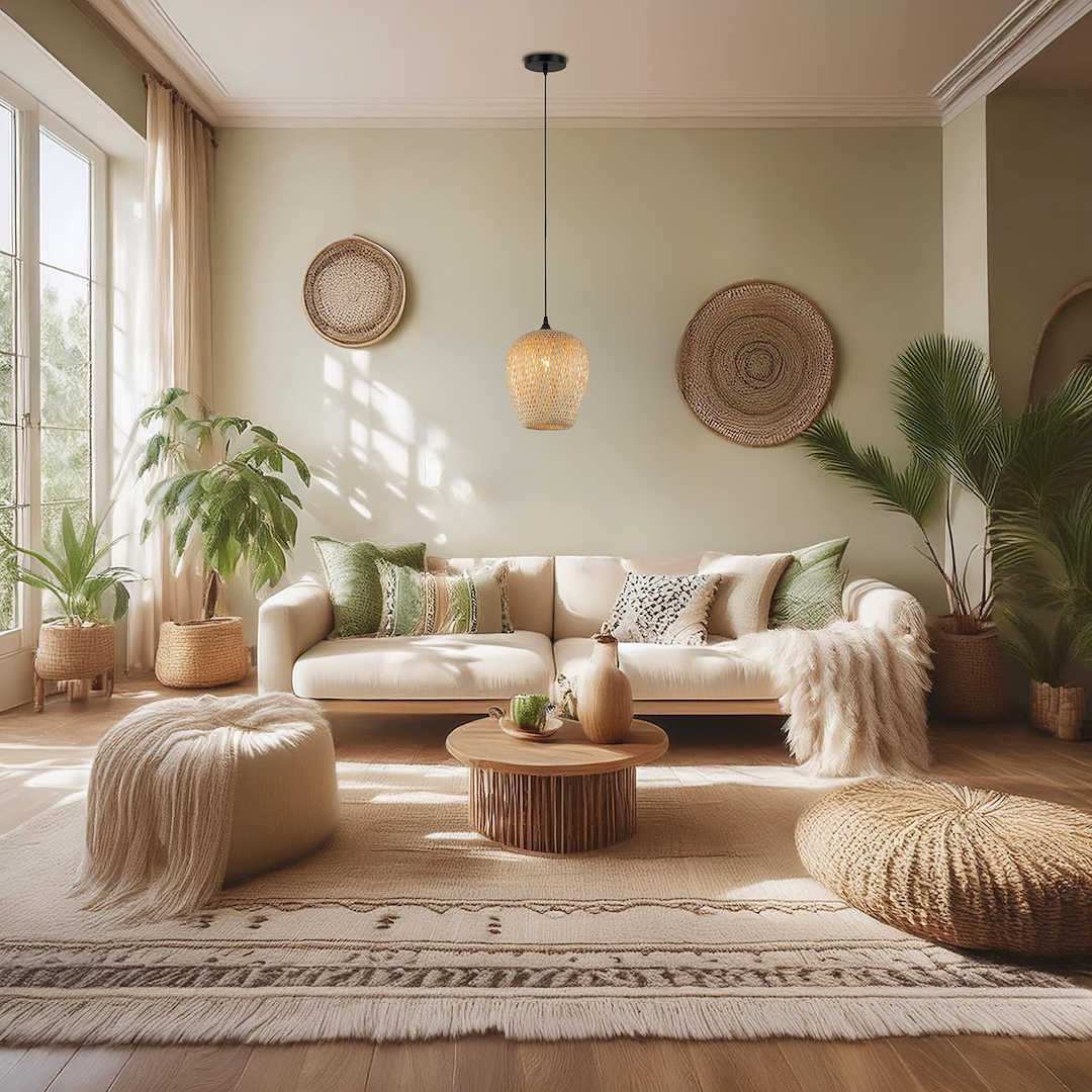Lampa wisząca Hestia z czarnym wykończeniem i kloszem z bambusa, zawieszona w jasnym wnętrzu. Oświetlenie w stylu boho, w otoczeniu roślin, kanapy i drewnianych akcentów.