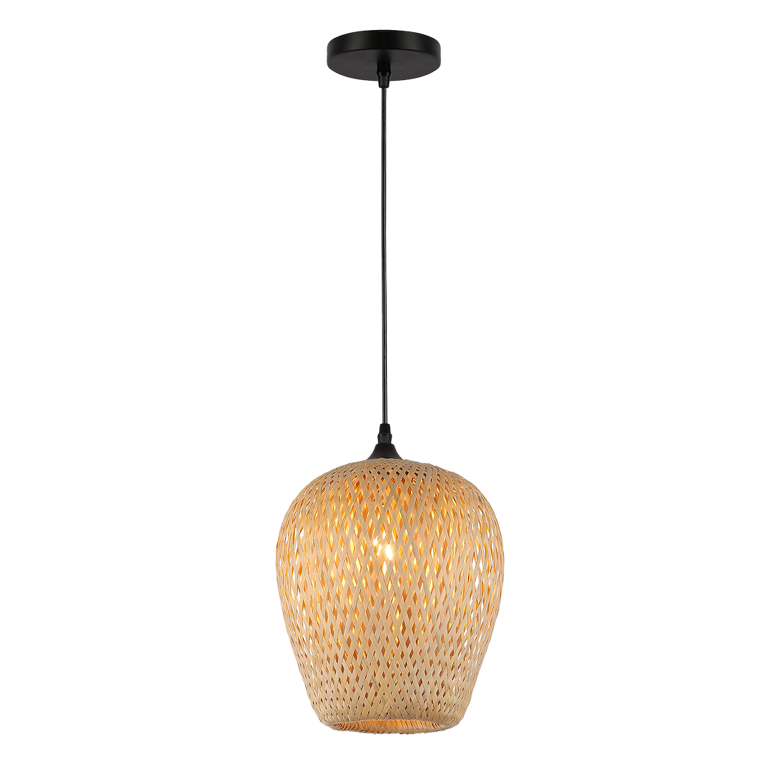 Lampa wisząca Hestia 1xE27 w kolorze czarnym z bambusowym kloszem o organicznym kształcie. Wisi na czarnym przewodzie, prezentując efektowne plecionki. Idealna do nowoczesnych wnętrz, dodaje ciepłego światła.