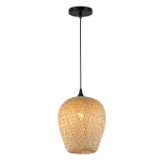 Lampa wisząca Hestia 1xE27 w kolorze czarnym z bambusowym kloszem o organicznym kształcie. Wisi na czarnym przewodzie, prezentując efektowne plecionki. Idealna do nowoczesnych wnętrz, dodaje ciepłego światła.