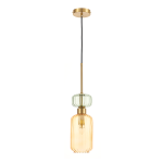Lampa wisząca Molly z jednym gniazdem E14, wykonana z bursztynowego i szklano-zielonego szkła. Ma prostą, złotą oprawę i czarny kabel. Zawieszona w pionie, idealna do nowoczesnych wnętrz.
