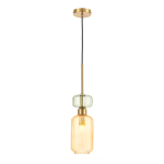 Lampa wisząca Molly 1xE14 w kolorze złotym z bursztynowym i zielonym kloszem. Ma prosty kształt, zawieszona na czarnym przewodzie, z widoczną żarówką. Klosze mają teksturowaną powierzchnię, a całość zamocowana do sufitu na okrągłej podstawie.