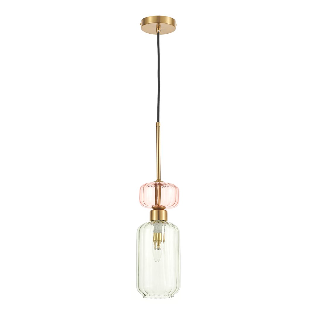 Lampa wisząca Molly 1xE14 w kolorze złotym i zielonym, z przezroczystym kloszem o lekko różowym odcieniu. Produkt zawieszony na cienkim, czarnym przewodzie, z metalowym mocowaniem sufitowym. Kształt cylindryczny z dekoracyjnym elementem u góry.