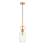 Lampa wisząca Molly 1xE14 w kolorze złotym i zielonym, z przezroczystym kloszem o lekko różowym odcieniu. Produkt zawieszony na cienkim, czarnym przewodzie, z metalowym mocowaniem sufitowym. Kształt cylindryczny z dekoracyjnym elementem u góry.