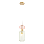 Lampa wisząca Molly z pojedynczym gniazdem E14, w kolorze złotym i zielonym, z przezroczystym, teksturowanym kloszem. Ujęcie frontalne, zawieszona na czarnym przewodzie, z dekoracyjnym elementem w odcieniu różowym na górze.