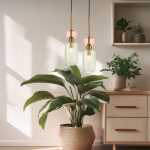 Lampa wisząca Molly 1xE14 w kolorze złotym i zielonym, z przezroczystym kloszem i różowym detalem. Zawieszona na cienkim kabelku, w tle rośliny doniczkowe i minimalistyczne meble.