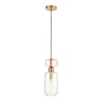 Lampa wisząca Molly z jedną oprawą E14, z metalowym złotym wykończeniem i szklanym kloszem w zielonym i różowym odcieniu. Zawieszona na czarnym przewodzie, ma prosty, elegancki kształt, idealna do nowoczesnych wnętrz.