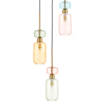 Lampa wisząca Molly 3xE14 w kolorze złotym i mixie szkła: trzy różnokolorowe klosze (pomarańczowy, zielony, różowy, niebieski) o cylindrycznym kształcie, zawieszone na czarnym przewodzie. Wysoka, dekoracyjna forma, idealna do nowoczesnych wnętrz.
