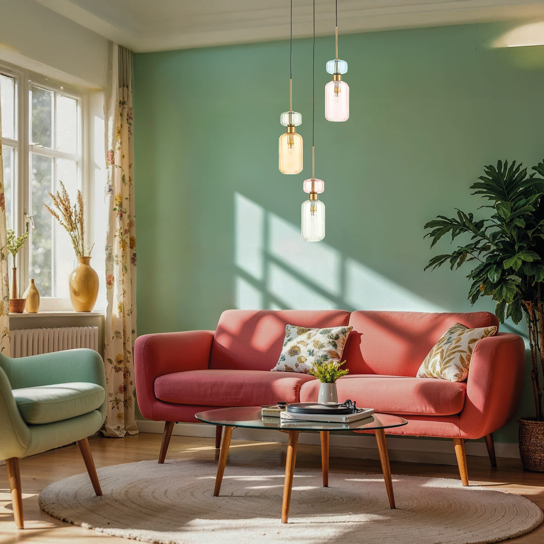 Lampa wisząca Molly 3xE14 w złotym wykończeniu z kolorowymi, szklanymi kloszami w odcieniach błękitu, różu i żółci. Zawieszona nad niskim, okrągłym stołem w stylowym wnętrzu z różowym sofą i zieloną rośliną.