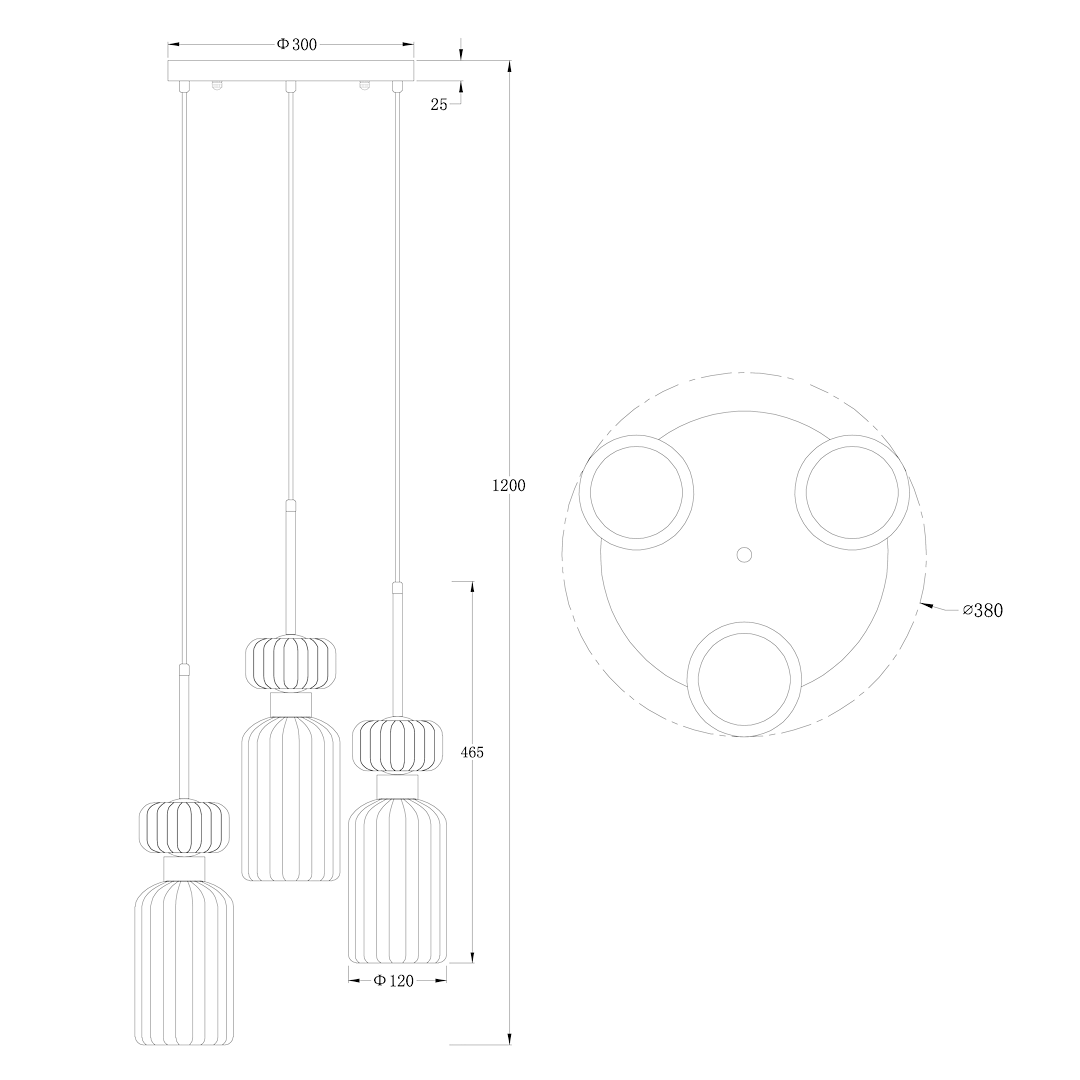 Lampa wisząca Molly z trzema miejscami na żarówki E14, w kolorze złotym z mixem wzorów. Wymiary: średnica 300 mm, wysokość 1200 mm. Klasyczny kształt z dekoracyjnymi kloszami w formie cylindrów. Ujęcie z boku, pokazujące szczegóły konstrukcji.