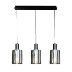 Lampa wisząca Arcadia Black z trzema kloszami E27 w kolorze czarnym. Klosze mają przezroczyste, teksturowane wykończenie, zawieszone na cienkich przewodach. Podstawa lampy jest w kolorze czarnym, montowana do sufitu.