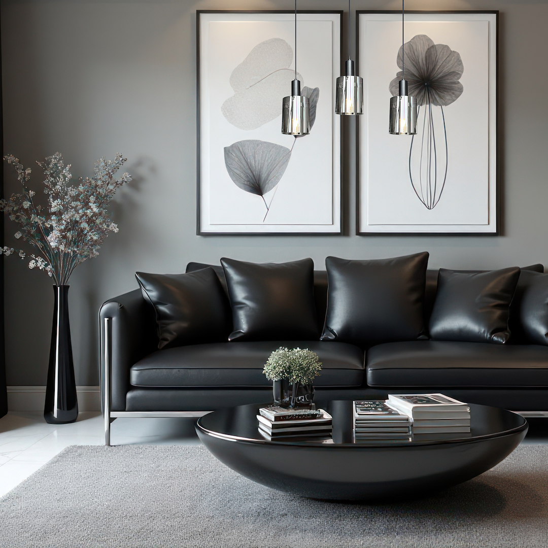 Lampa wisząca Arcadia Black z trzema kloszami E27 w kolorze czarnym. Zawieszona nad czarną sofą, w nowoczesnym wnętrzu. W tle dwa obrazy z delikatnymi motywami roślinnymi oraz wazon z kwiatami.