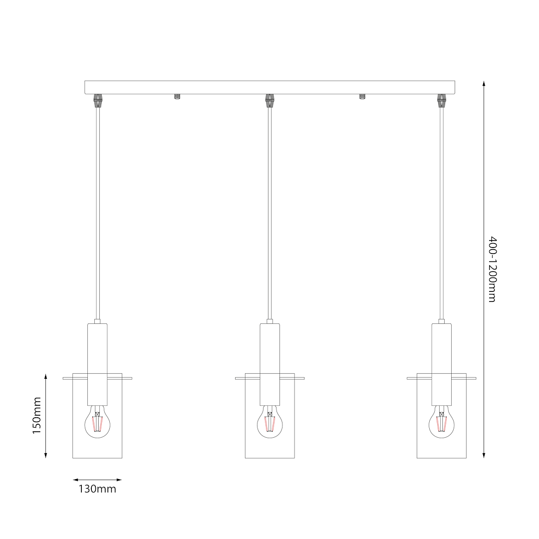 Lampa wisząca Arcadia Black z trzema źródłami światła E27. Czarna konstrukcja z metalowymi elementami, zawieszona na regulowanych kablach o długości 400-1200 mm. Wymiary kloszy: 150 mm wysokości, 130 mm średnicy.