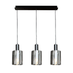 Czarna lampa wisząca Arcadia Black z trzema kloszami z przezroczystego szkła, zamocowana na prostokątnej, czarnej podstawie. Klosze zawieszone na cienkich linkach, tworzą nowoczesny design. Idealna do minimalistycznych wnętrz.