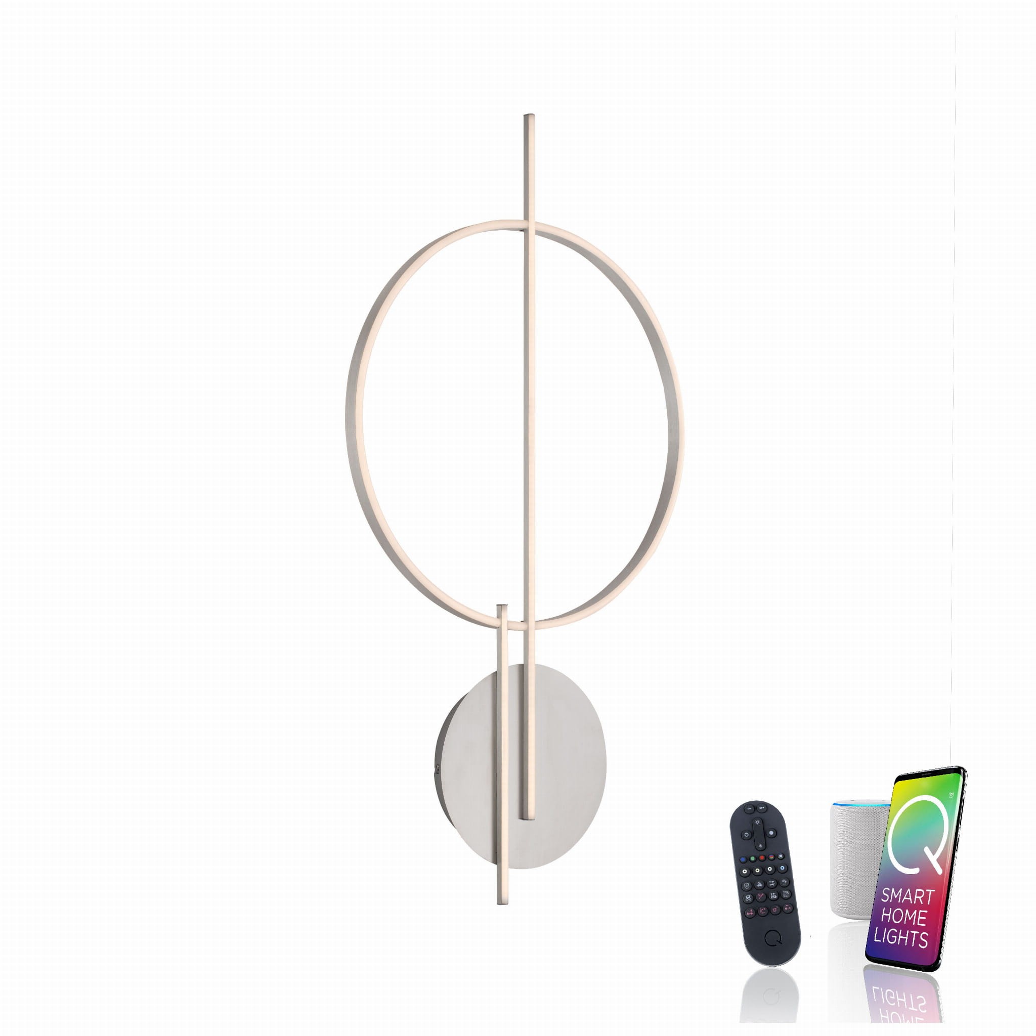 Lampa sufitowa Q-arkoa w kolorze srebrnym, z pilotem, z dwoma diodami LED o mocy 36W. Posiada nowoczesny, minimalistyczny design z okrągłym elementem oraz prostymi liniami. Montowana na ścianie.