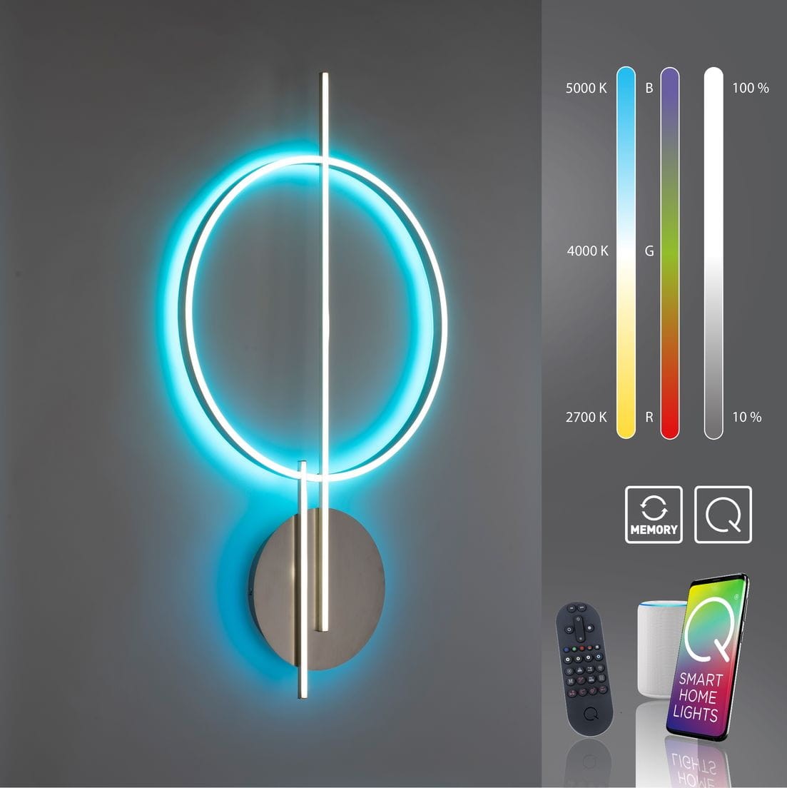 Lampa sufitowa Q-arkoa w kolorze srebrnym z dwoma źródłami LED 36W. Posiada nowoczesny design z okrągłym pierścieniem i pionowym elementem. Zdalne sterowanie pilotem, możliwość regulacji barwy światła (2700K-5000K). Montaż na ścianie.