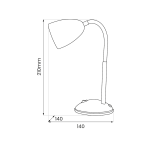 Biała lampa biurkowa Logic z jedną oprawą E27, o zaokrąglonej podstawie i giętym ramieniu. Wysokość 210 mm, średnica podstawy 140 mm. Prosty design, idealna do biura lub domu, zapewniająca funkcjonalne oświetlenie.