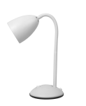 Biała lampa biurkowa Logic z metalowym kloszem, na giętym ramieniu, z podstawą w kształcie okrągłym. Widoczny gwint na żarówkę E27 oraz przyciski włącznika na podstawie. Produkt stoi w pozycji pionowej na jednolitym tle.