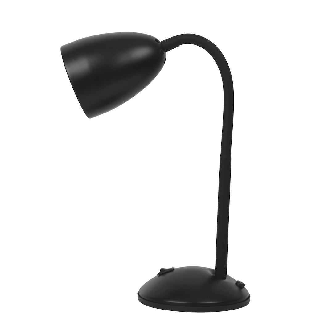 Czarna lampa biurkowa Logic z pojedynczym kloszem E27, z elastycznym ramieniem i okrągłą podstawą. Ujęcie z boku, pokazujące gładką, matową powierzchnię oraz przyciski na podstawie. Idealna do biura lub domowego wnętrza.