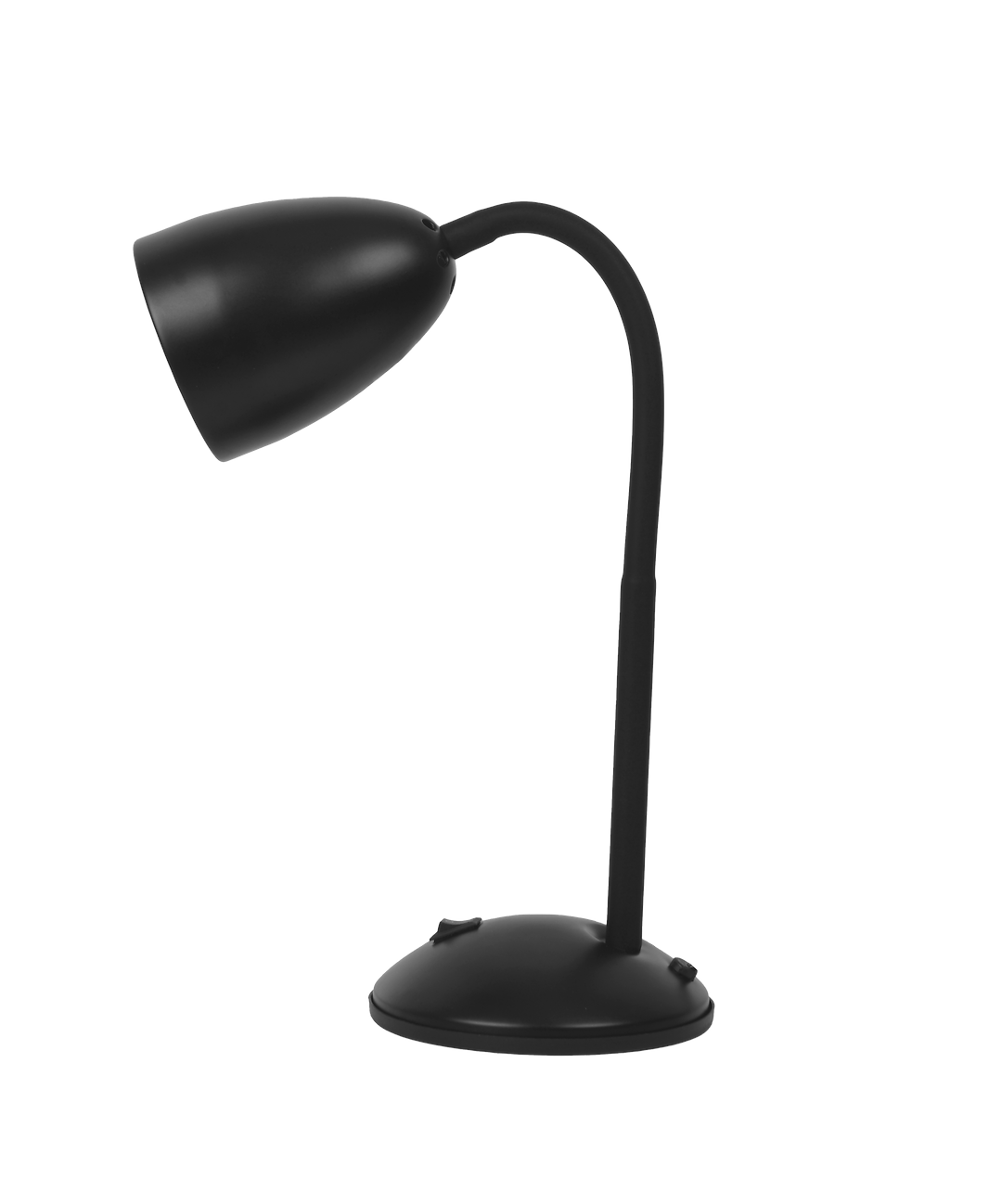 Czarna lampa biurkowa Logic z metalowym kloszem w kształcie stożka, umieszczona na okrągłej podstawie. Posiada elastyczny wysięgnik umożliwiający regulację kąta nachylenia. Widoczne dwa przyciski na podstawie do włączania i wyłączania.