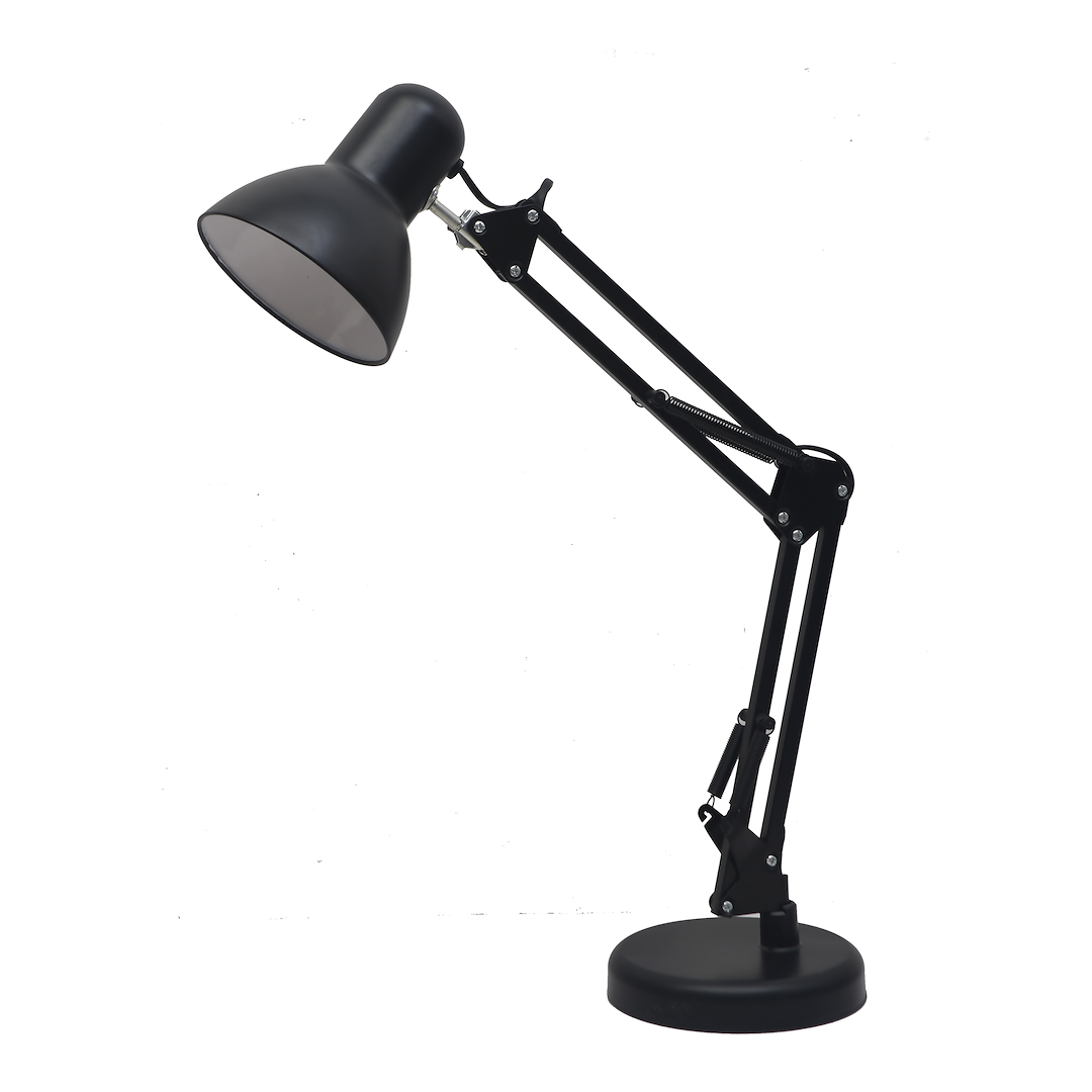 Czarna lampa biurkowa Nexa z jedną oprawą E27, z regulowanym ramieniem i kloszem w kształcie stożka. Stojąca na okrągłej podstawie, idealna do biura lub domowego miejsca pracy.