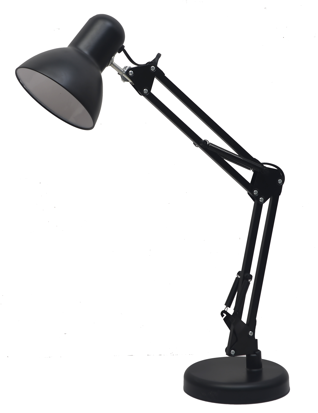 Czarna lampa biurkowa Nexa z regulowanym ramieniem i kloszem, montowana na okrągłej podstawie. Widoczny gwint E27. Kąt ujęcia z boku, ukazujący mechanizm ruchomy i detal klosza. Idealna do biura lub przestrzeni roboczej.