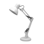 Biała lampa biurkowa Nexa z regulowanym ramieniem, z kloszem w kształcie stożka. Ustawiona w pozycji stojącej na okrągłej podstawie. Wbudowane sprężyny do łatwej regulacji kąta. Przeznaczona na żarówkę E27.