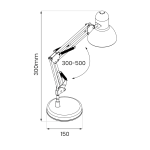 Biała lampa biurkowa Nexa z regulowanym ramieniem, wysokość 300-500 mm, średnica podstawy 150 mm. Posiada uchwyt na żarówkę E27. Ujęcie z góry, ukazujące konstrukcję i wymiary.
