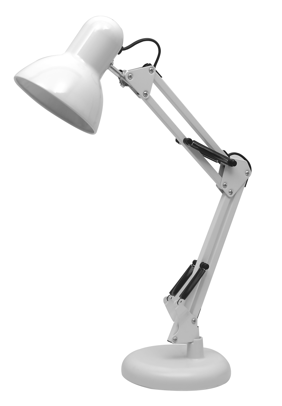 Biała lampa biurkowa Nexa z żarówką E27, z regulowanym, metalowym ramieniem i okrągłą podstawą. Kąt ujęcia z boku, pokazujący mechanizm regulacji oraz detale konstrukcji. Proste tło podkreśla minimalistyczny design.