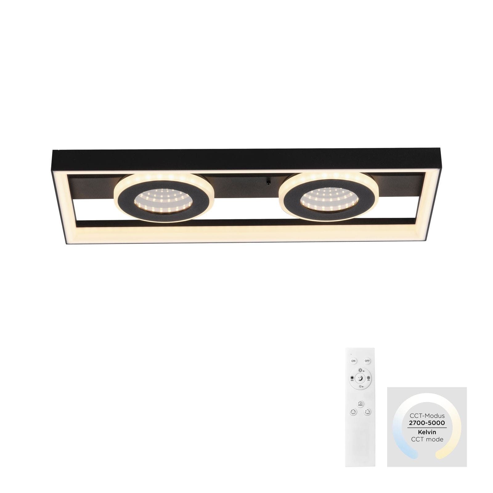 Traforo lampa sufitowa LED 20W CCT w kolorze czarnym, z dwoma okrągłymi źródłami światła. Posiada pilot do regulacji temperatury barwowej (2700-5000K). Ujęcie frontalne, produkt zamontowany na suficie.