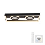 Traforo lampa sufitowa LED 20W CCT w kolorze czarnym, z dwoma okrągłymi źródłami światła. Posiada pilot do regulacji temperatury barwowej (2700-5000K). Ujęcie frontalne, produkt zamontowany na suficie.