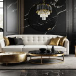 Złota lampa wisząca Cristal z pięcioma miejscami na żarówki E14, zawieszona w eleganckim wnętrzu. Lampa ma dekoracyjne kryształowe elementy i czarne akcenty, umieszczona nad okrągłym lustrem w czarnej ramie.