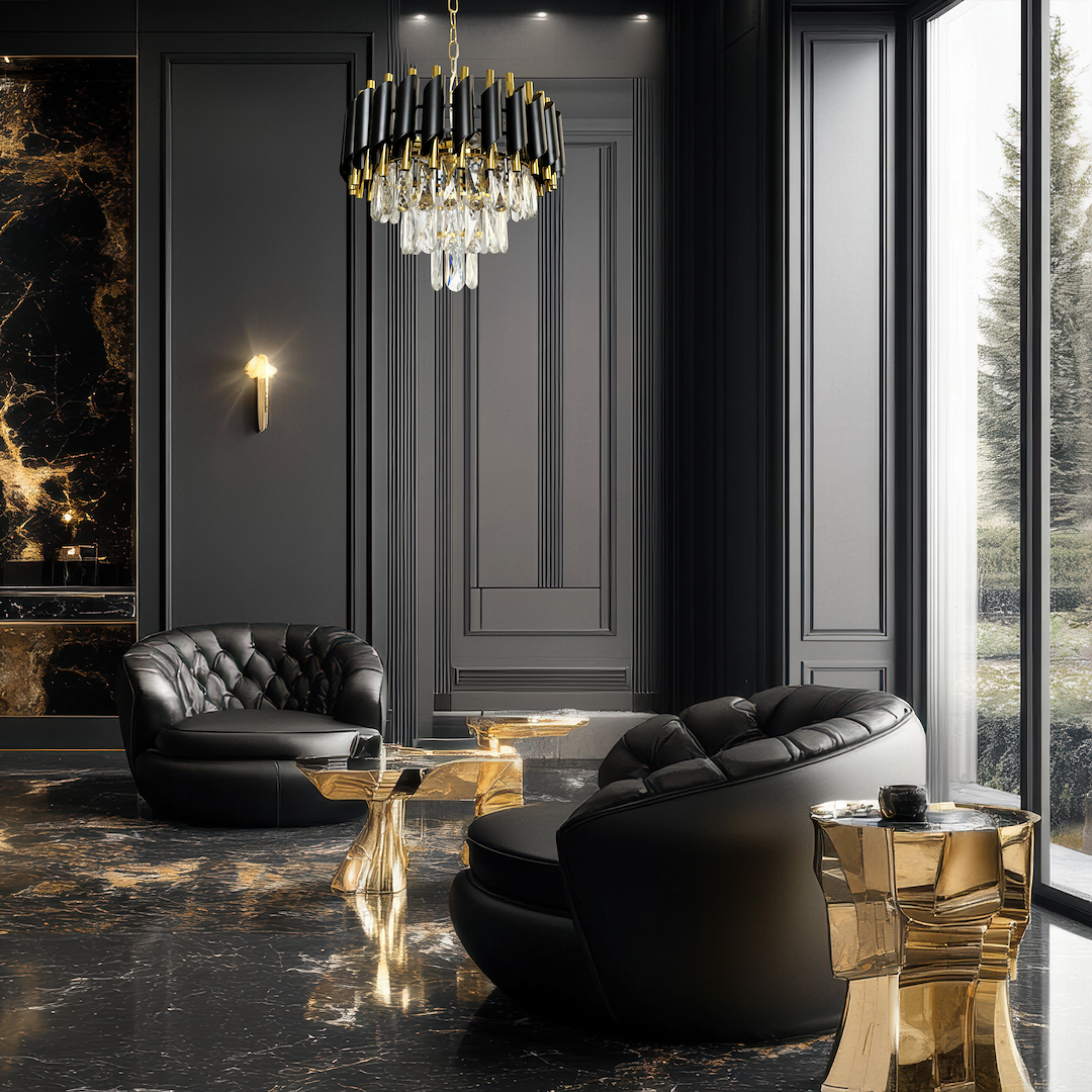 Lampa wisząca Cristal 5xE14 w kolorze złotym, z metalowym abażurem i kryształowymi elementami, zawieszona w eleganckim wnętrzu. Stojące czarne fotele i złote stoliki w tle na ciemnym marmurowym podłożu.