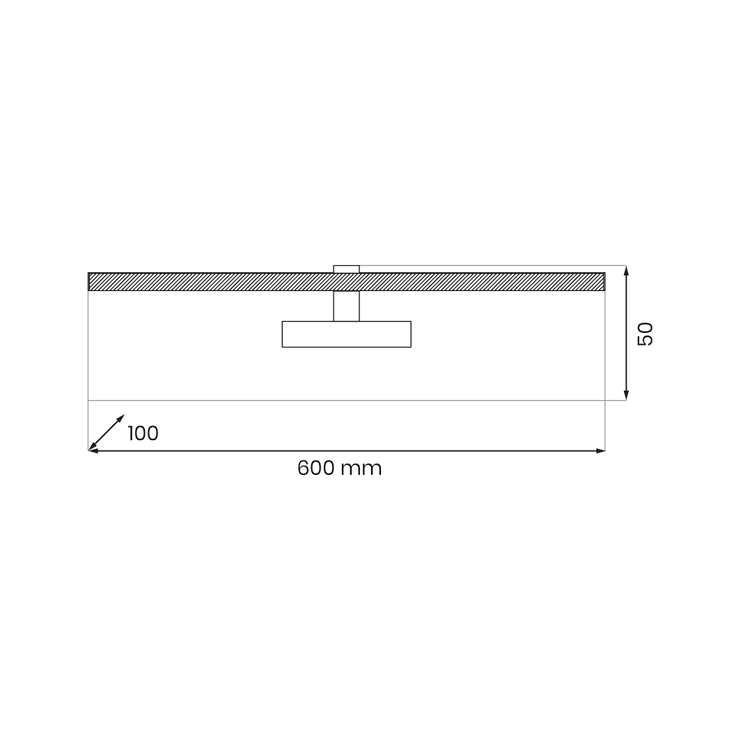 Prado kinkiet L60 LED 11W 3000K w kolorze chromu, o wymiarach 600 mm długości i 100 mm szerokości. Płaska konstrukcja z umieszczonym centralnie mocowaniem, idealny do montażu na ścianie.