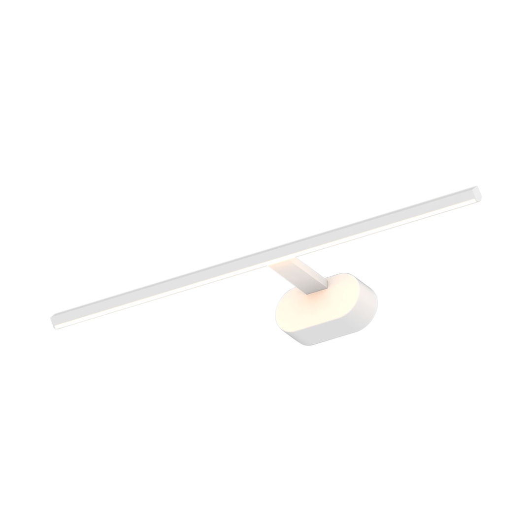 Kinkiet Prado L60 LED 11W 3000K w kolorze białym, o prostokątnym kształcie. Zamontowany na ścianie, z cienką, poziomą lampą i okrągłą podstawą. Źródło światła emituje ciepłe, białe światło. Tło zdjęcia jest jednolite.