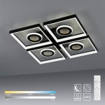 Lampa sufitowa Traforo z pilotem, LED 35W CCT, w kolorze czarnym. Składa się z czterech prostokątnych ram, z okrągłymi źródłami światła. Widoczny pilot z przyciskami do regulacji temperatury barwowej i jasności. Ujęcie z dołu, na szarym tle.