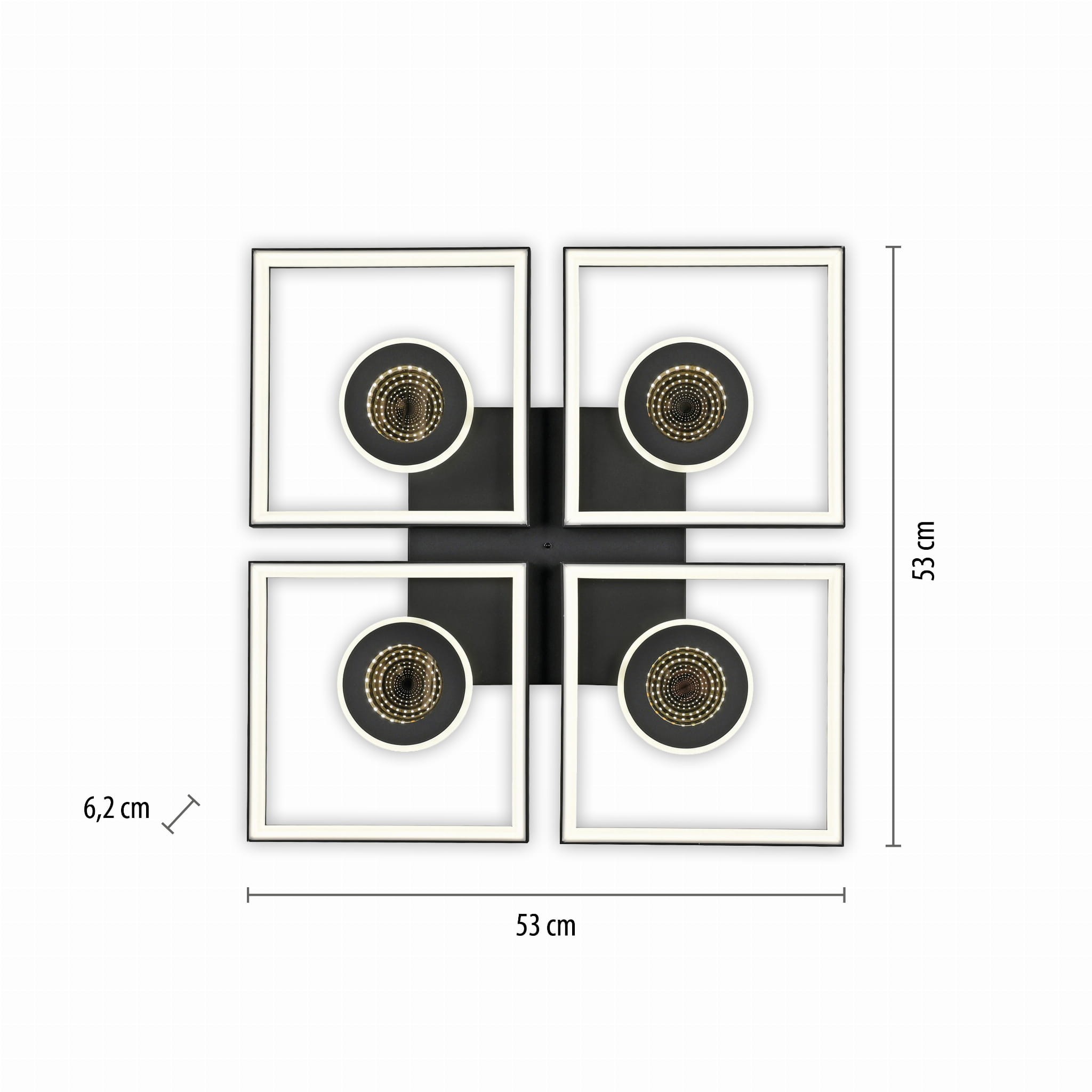 Lampa sufitowa Traforo czarna z pilotem LED 35W CCT, w kształcie kwadratu, z czterema okrągłymi źródłami światła. Wymiary: 53 cm x 53 cm, wysokość 6,2 cm. Nowoczesny design z białymi ramkami wokół lamp.