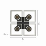 Lampa sufitowa Traforo czarna z pilotem LED 35W CCT, w kształcie kwadratu, z czterema okrągłymi źródłami światła. Wymiary: 53 cm x 53 cm, wysokość 6,2 cm. Nowoczesny design z białymi ramkami wokół lamp.