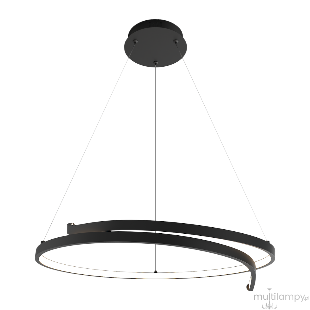 Czarna lampa wisząca LED Lorenzo o mocy 35W i temperaturze barwowej 4000K, złożona z dwóch okrągłych pierścieni. Montowana na splotach z metalu, zawieszona z góry, o nowoczesnym designie.