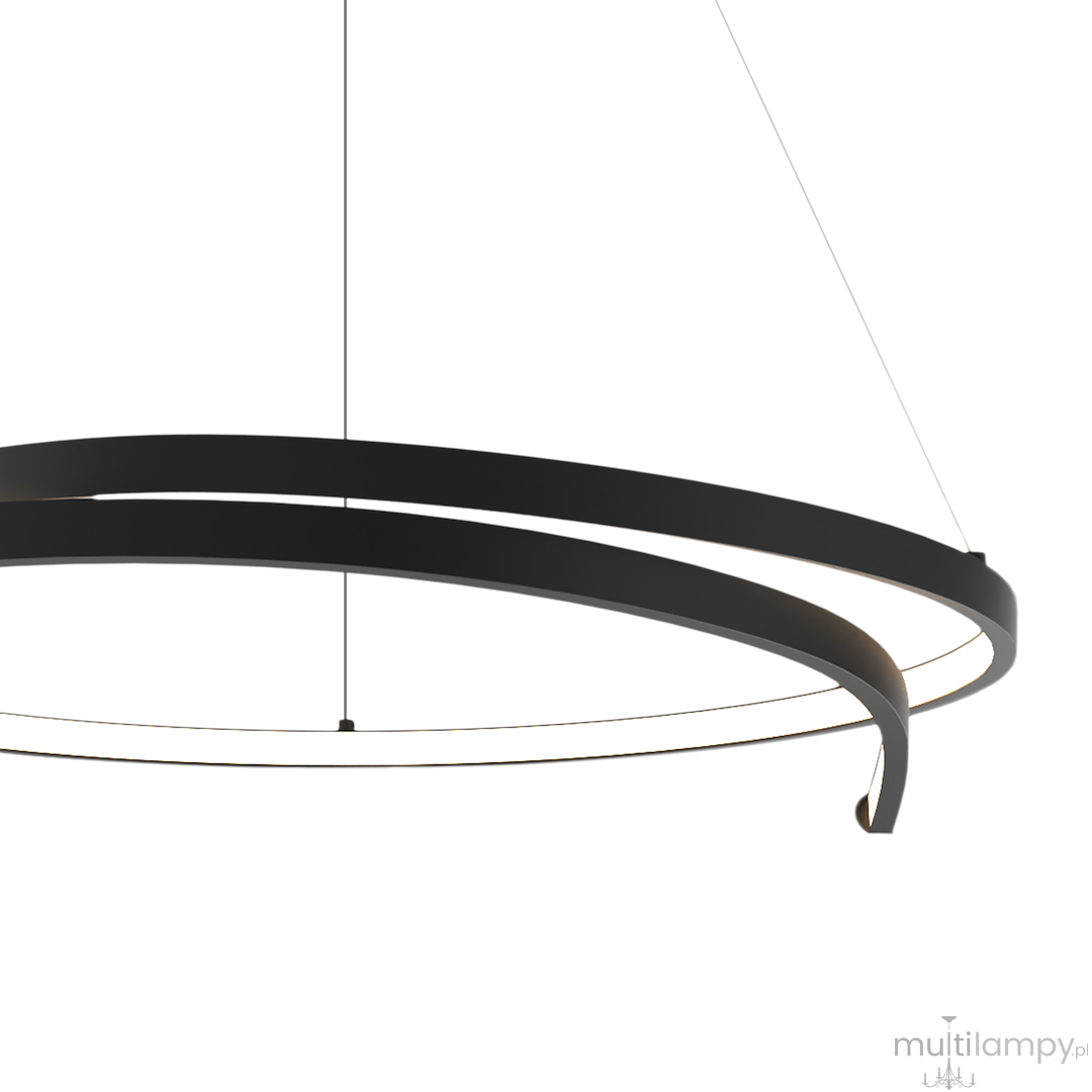Lampa wisząca LED Lorenzo o mocy 35W, kolor czarny. Ma dwa okrągłe pierścienie z matowego materiału, zawieszone na cienkich linkach. Światło o temperaturze 4000K emituje jasne, neutralne światło, idealne do nowoczesnych wnętrz.