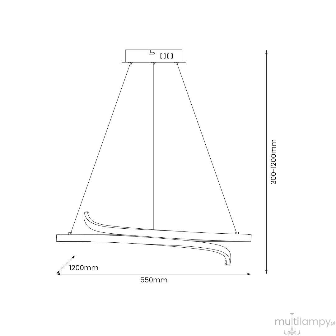 Lampa wisząca LED Lorenzo 35W, barwa światła 4000K, w kolorze czarnym. Kształt prostokątny z dwoma zakrzywionymi elementami. Wymiary: długość 1200mm, szerokość 550mm, regulowana wysokość 300-1200mm. Zawieszona na cienkich linkach.