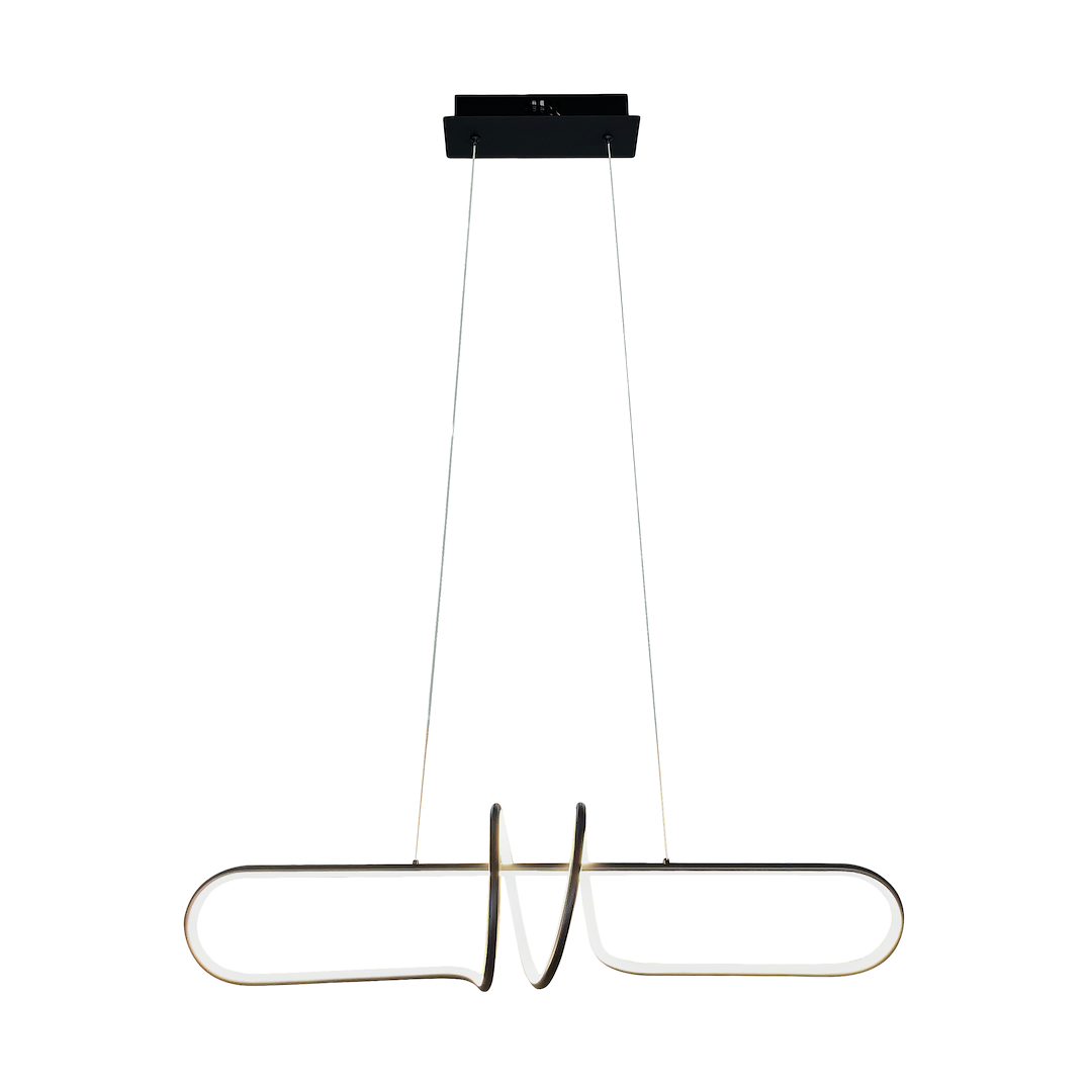 Lampa wisząca LED Vertigo o mocy 54W, kolor czarny. Ma nowoczesny, minimalistyczny kształt z podwójnym, falistym elementem. Zawieszona na cienkich żyłkach, idealna do współczesnych wnętrz. Temperatura barwowa 4000K.
