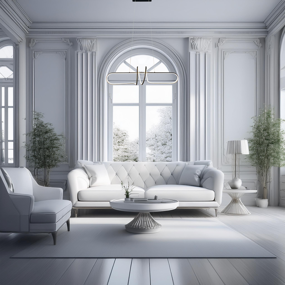Lampa wisząca LED Vertigo 54W 4000K w kolorze czarnym, umieszczona nad białą sofą w jasnym, eleganckim wnętrzu. Wyraźny kształt i nowoczesny design sprawiają, że stanowi centralny punkt aranżacji.