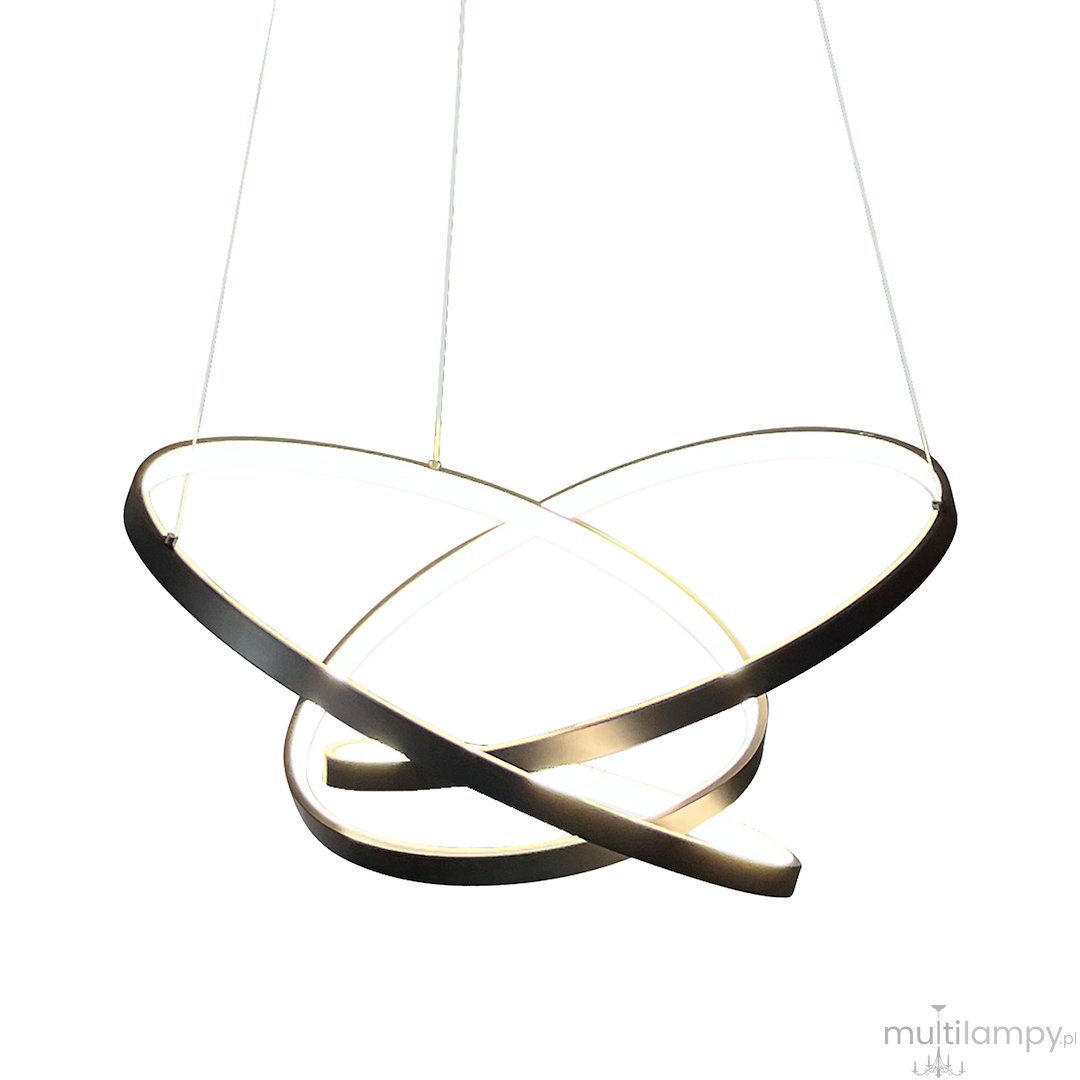 Lampa wisząca LED Empoli o mocy 55W, barwie światła 4000K, w kolorze czarnym. Posiada nowoczesny, krzyżujący się kształt z podświetlanymi obręczami, zawieszona na cienkich linkach, idealna do współczesnych wnętrz.