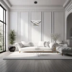 Lampa wisząca LED Empoli 55W w kolorze czarnym, z dwoma okręgami w kształcie serca, zawieszona na cienkich linkach. Umieszczona w nowoczesnym wnętrzu z białą sofą i drewnianą podłogą, w otoczeniu rośliny i minimalistycznych mebli.