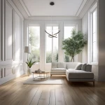 Lampa wisząca LED Empoli 55W 4000K w kolorze czarnym, zawieszona na cienkich linkach, z nowoczesnym, abstrakcyjnym kształtem. Znajduje się w jasnym wnętrzu z dużymi oknami, obok jasnej sofy i drewnianego stolika.