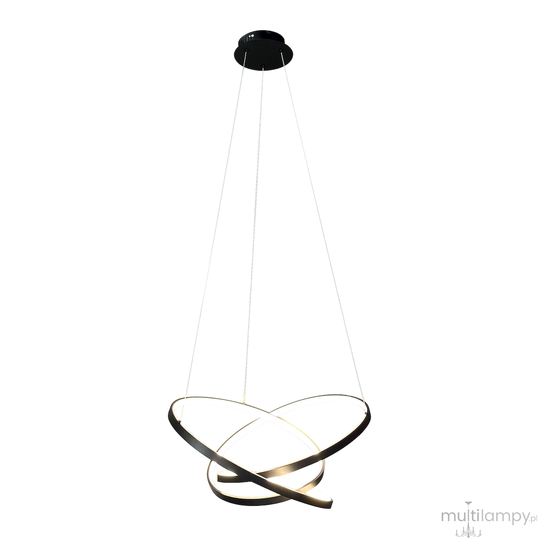 Lampa wisząca LED Empoli o mocy 55W, kolor czarny, z dwoma okrągłymi elementami w kształcie spirali. Źródło światła o temperaturze barwowej 4000K, zawieszona na cienkich linkach, montowana do sufitu. Tło białe.