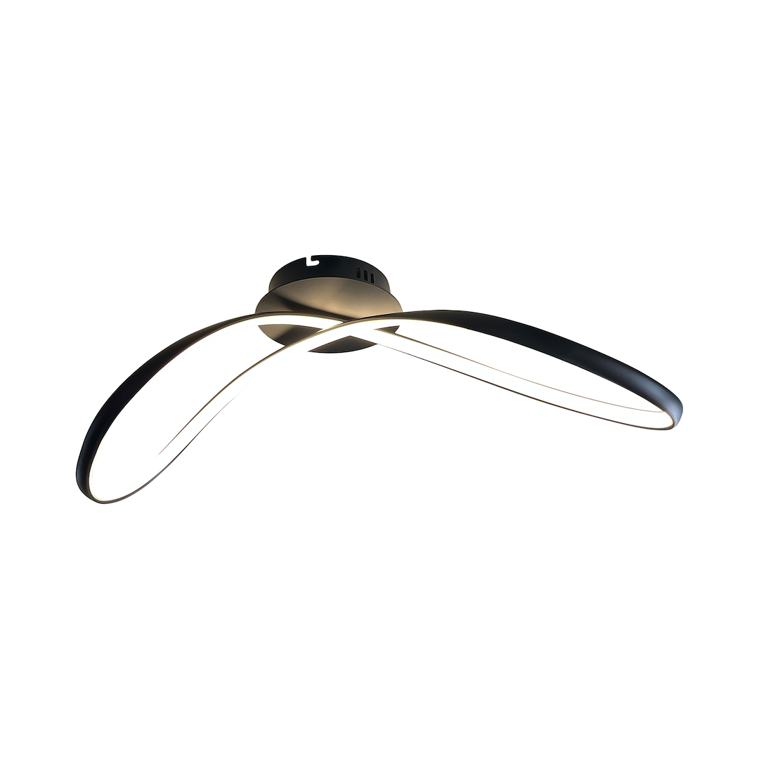 Czarna lampa sufitowa LED Infinity o mocy 21W i temperaturze barwowej 4000K, z dwoma elastycznymi, zakrzywionymi ramionami, montowana na suficie. Oświetlenie w minimalistycznym stylu, idealne do nowoczesnych wnętrz.