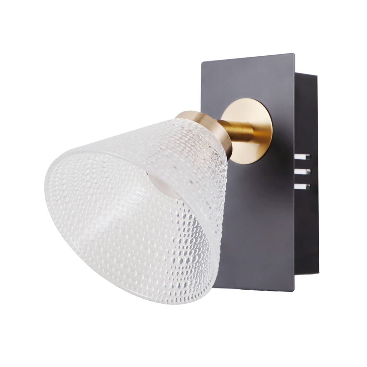 Kinkiet Orella w kolorze czarnym i złotym z kloszem z przezroczystego, fakturowanego szkła. Ujęcie z boku, montowany na ścianie, z widocznym okrągłym mocowaniem. Idealny do nowoczesnych wnętrz.